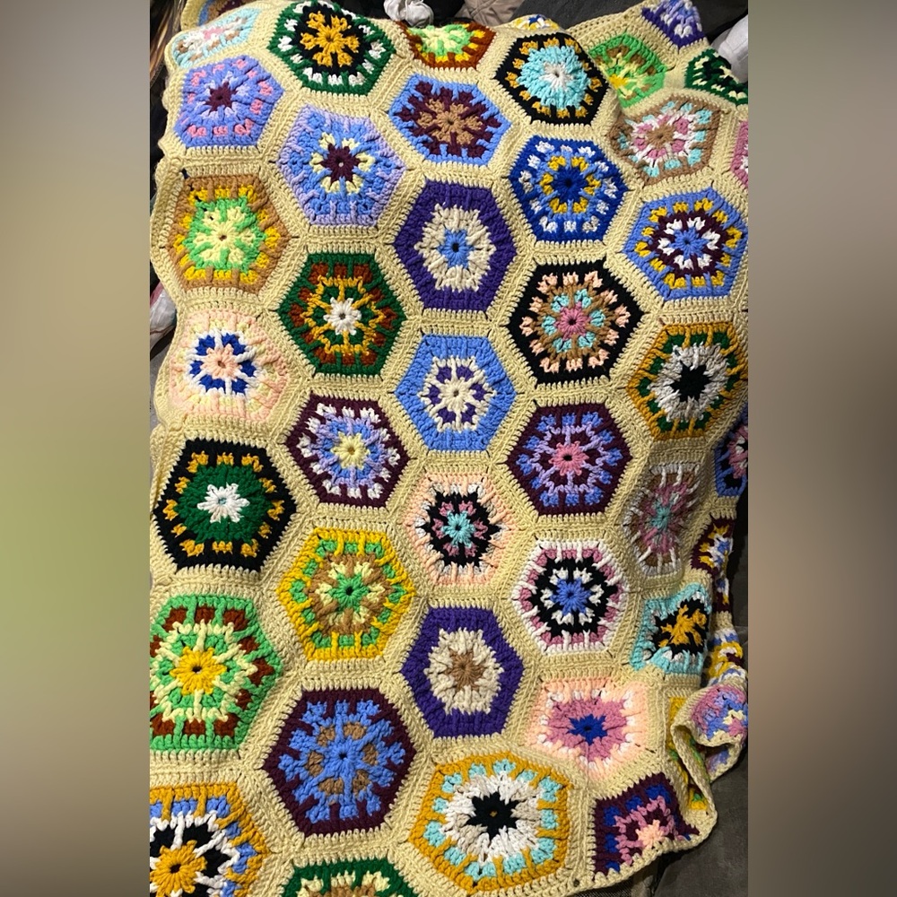 Handmade Multicolor Crochet granny hexagon square throw blanket 50 x 64